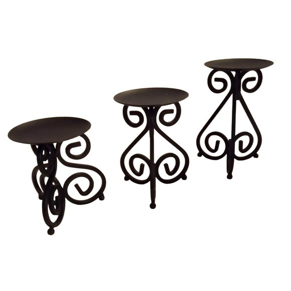 Black Wrought Iron Graduated Tier Scrollwork Pillar Candlestick Holder Set of 3 - Picture 4 of 11